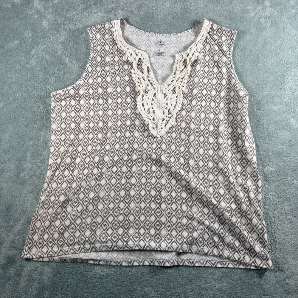 St Johns Bay Womens XL Brown White Geometric Ikat Crochet Lace Sleeveless Top